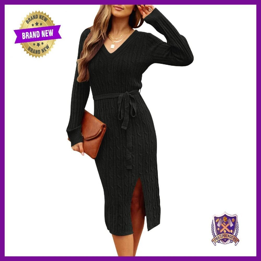 V Neck Cable Knit Sweater Dress Bodycon Midi Long Sleeve